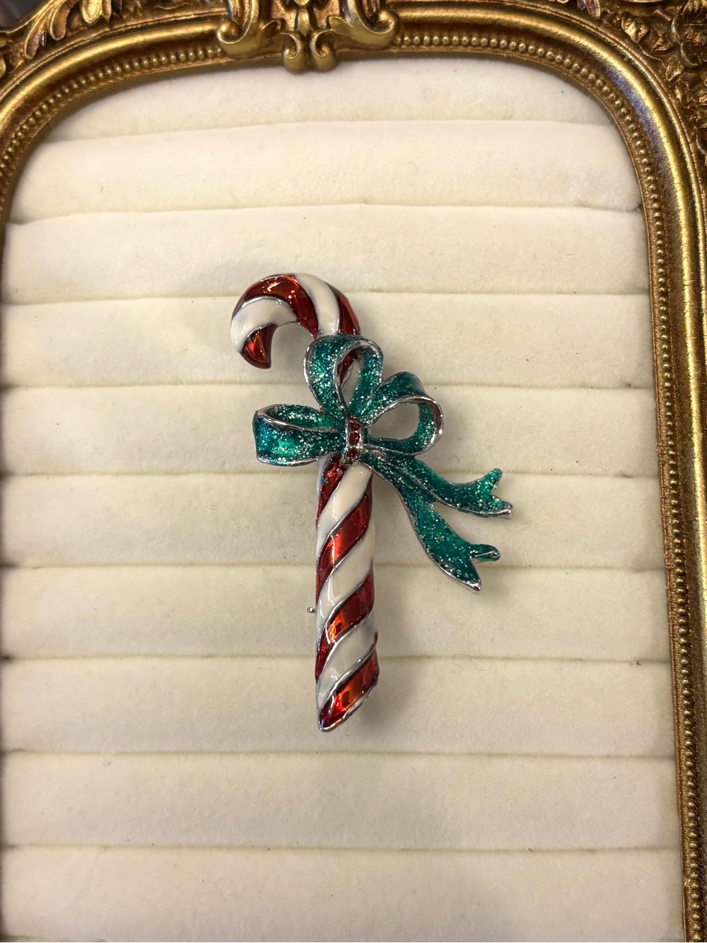Enamel Candy Cane Striped Brooch Green Sparkly Bow Holiday Christmas Pin Festive - Picture 6 of 6